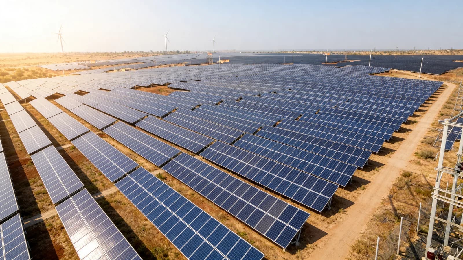 Utility-scale ground-mounted solar plant with wind turbines on horizon — Tarana, Madhya Pradesh — commissioned by SJM Renewbles in 2019.